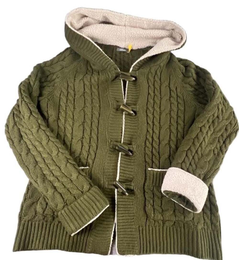 Cabela's Women's Green Cable Knit Sherpa Lined Hooded Toggle Cardigan Sweater